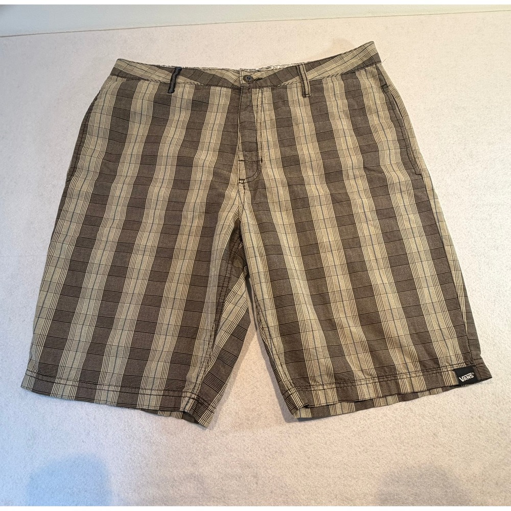 Vans Y2K Mens Plaid Shorts Brown Tan‎ Blue Skater Flat Front Size 34